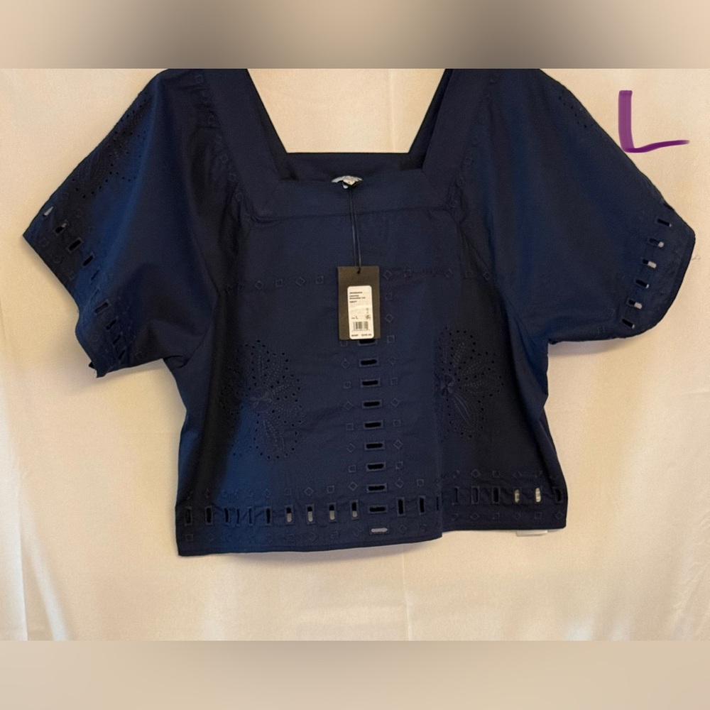 Joe's Jeans Navy Eyelet Square-Neck Boxy Blouse